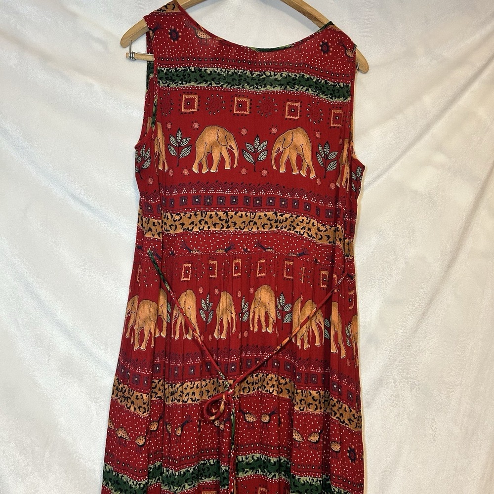 BILA Rayon Red Orange Floral Safari Elephant African Pocket Maxi Tank Dress L - Picture 7 of 9